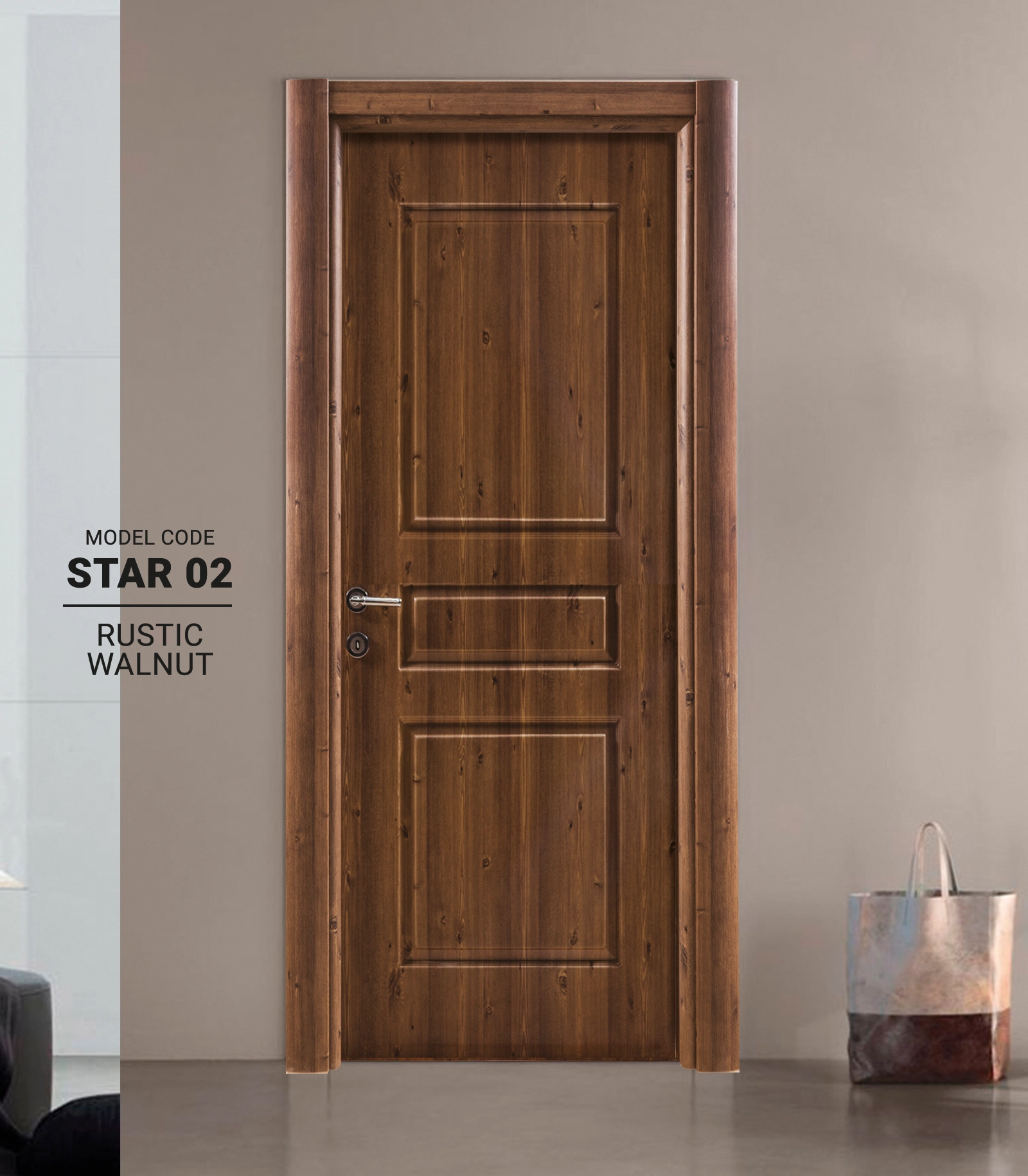 Rustic Walnut Star Kapı - Selkan Dekorasyon